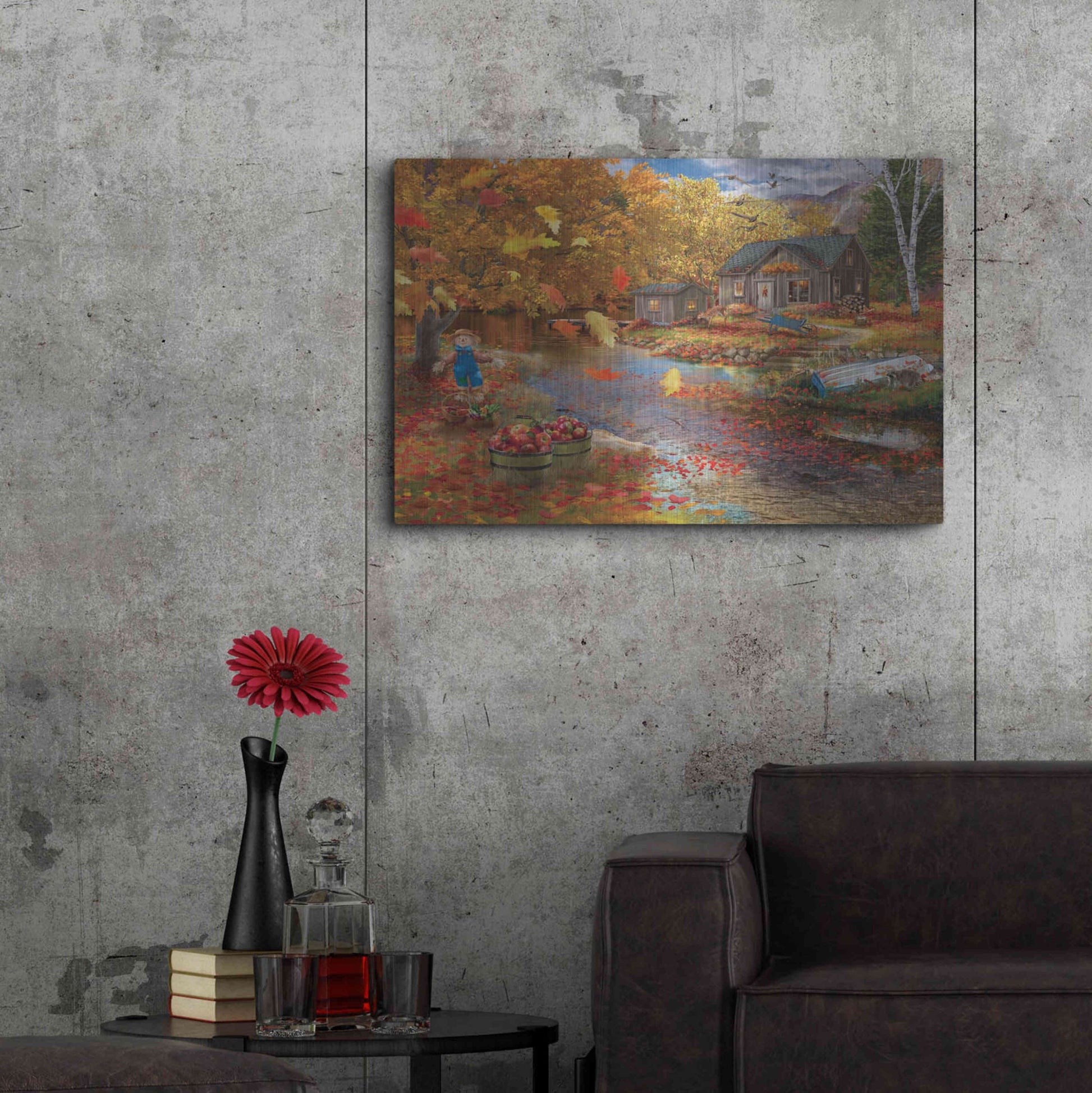 Luxe Metal Art 'Autumn Cabin' by Bigelow Illustrations, Metal Wall Art,36x24