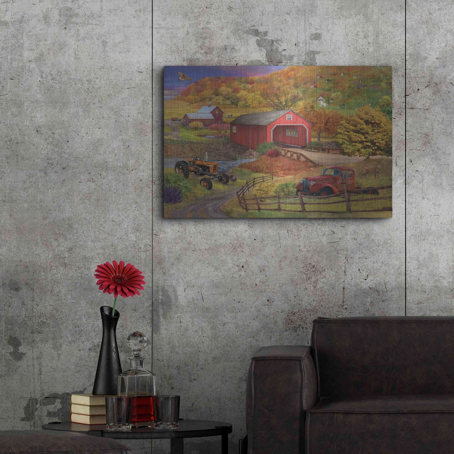 Luxe Metal Art 'Fall Bridge' by Bigelow Illustrations, Metal Wall Art,36x24