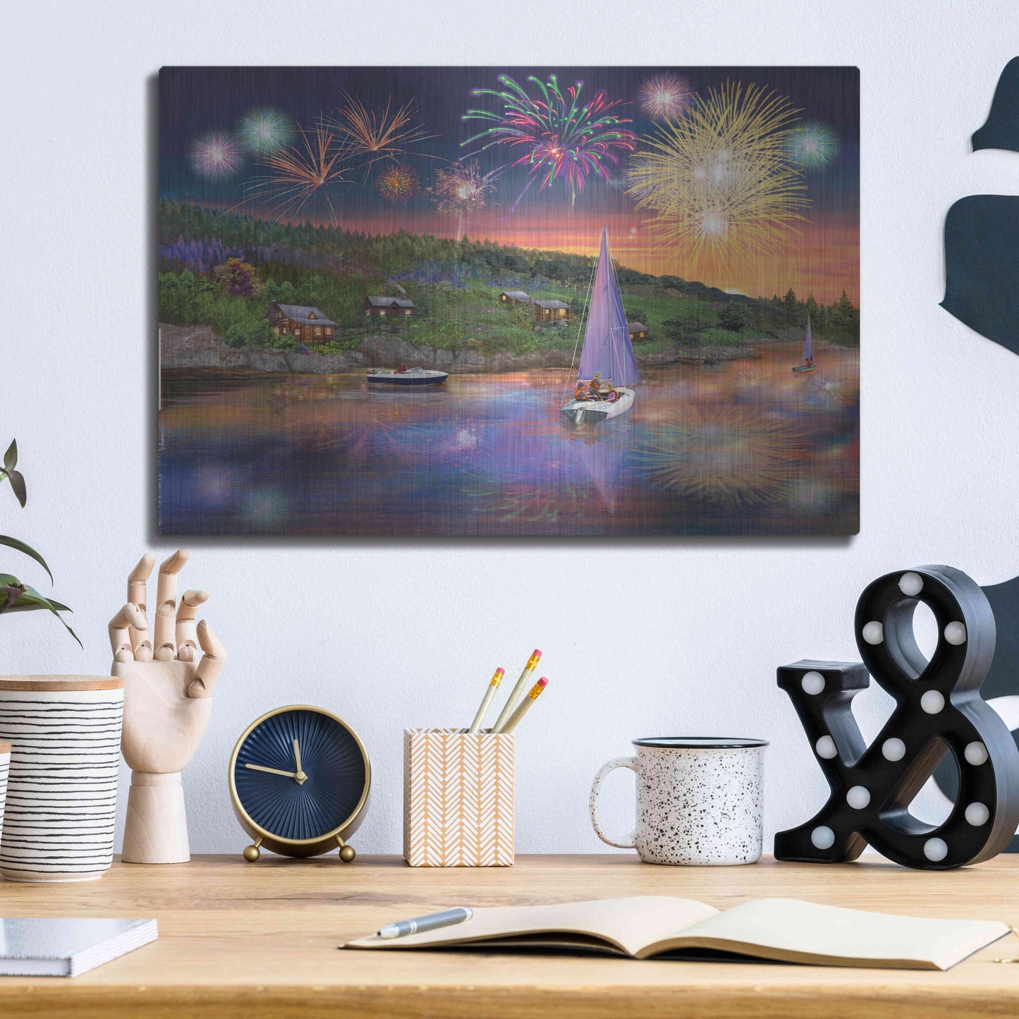 Luxe Metal Art 'Sailboat Fireworks' by Bigelow Illustrations, Metal Wall Art,16x12