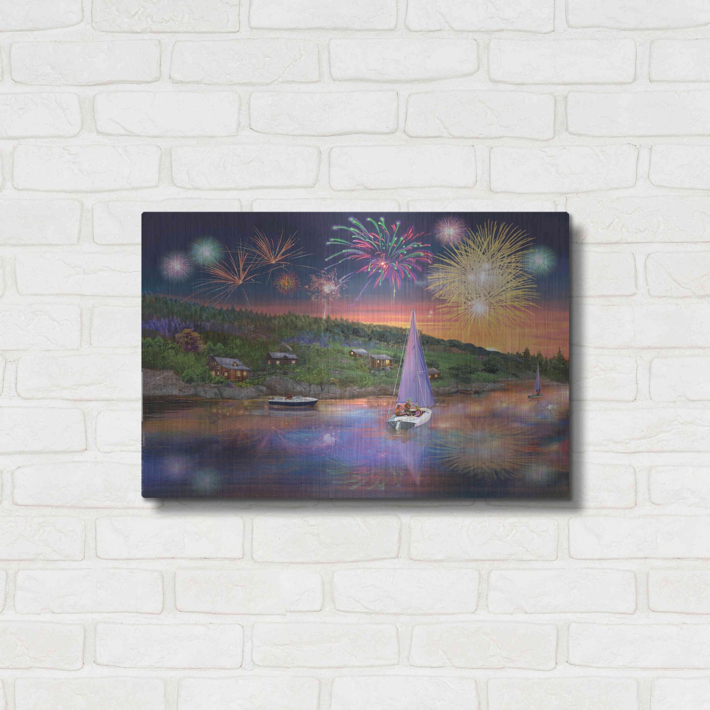 Luxe Metal Art 'Sailboat Fireworks' by Bigelow Illustrations, Metal Wall Art,24x16