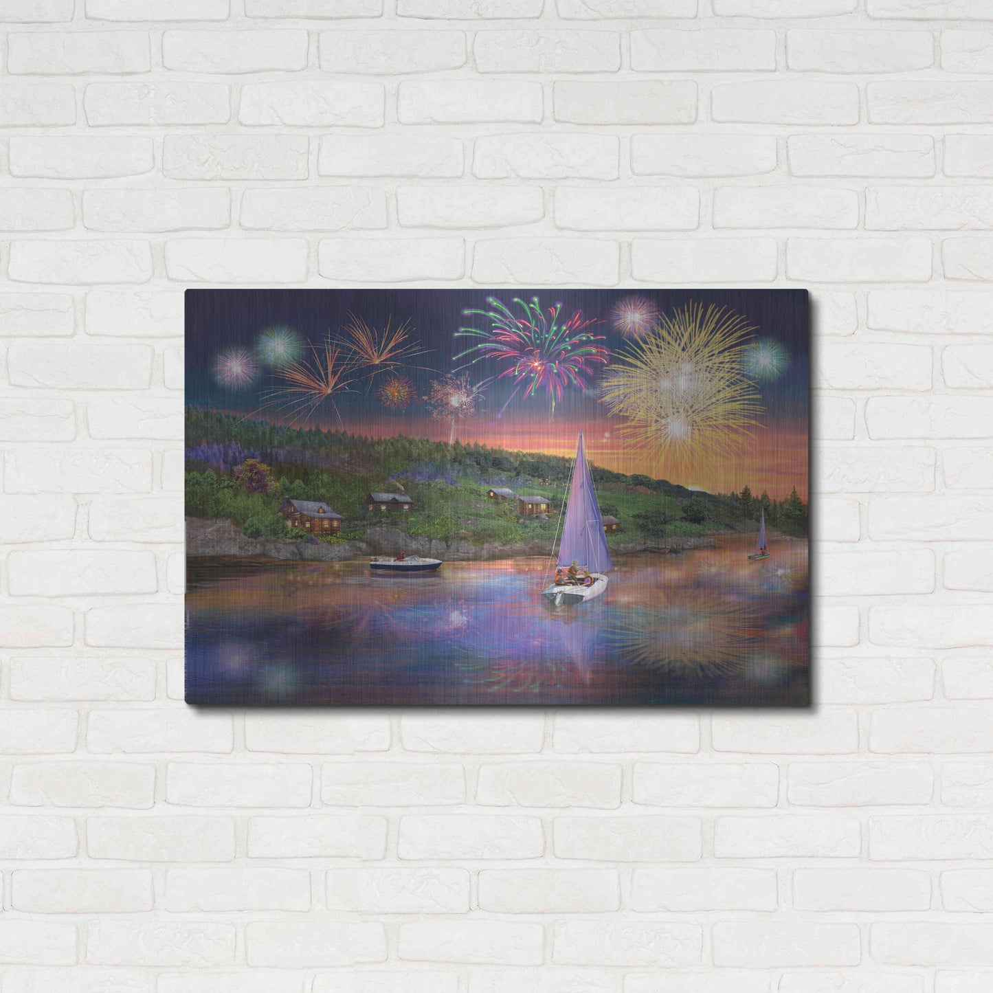 Luxe Metal Art 'Sailboat Fireworks' by Bigelow Illustrations, Metal Wall Art,36x24