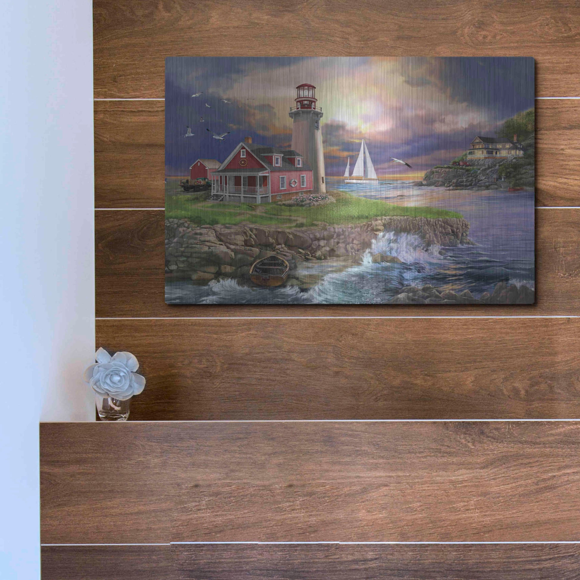 Luxe Metal Art 'Sunset Point Lighthouse' by Bigelow Illustrations, Metal Wall Art,16x12