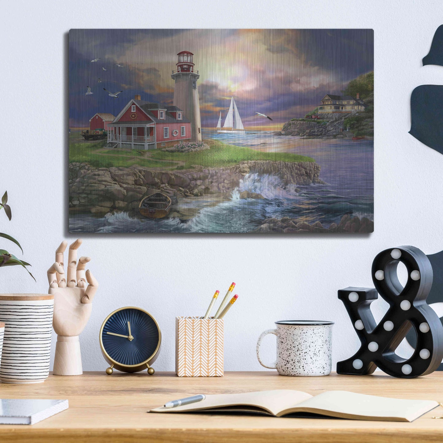 Luxe Metal Art 'Sunset Point Lighthouse' by Bigelow Illustrations, Metal Wall Art,16x12