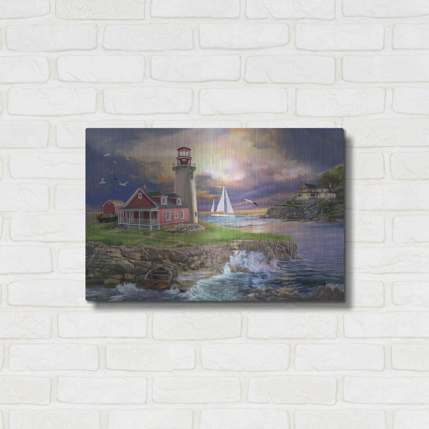 Luxe Metal Art 'Sunset Point Lighthouse' by Bigelow Illustrations, Metal Wall Art,24x16