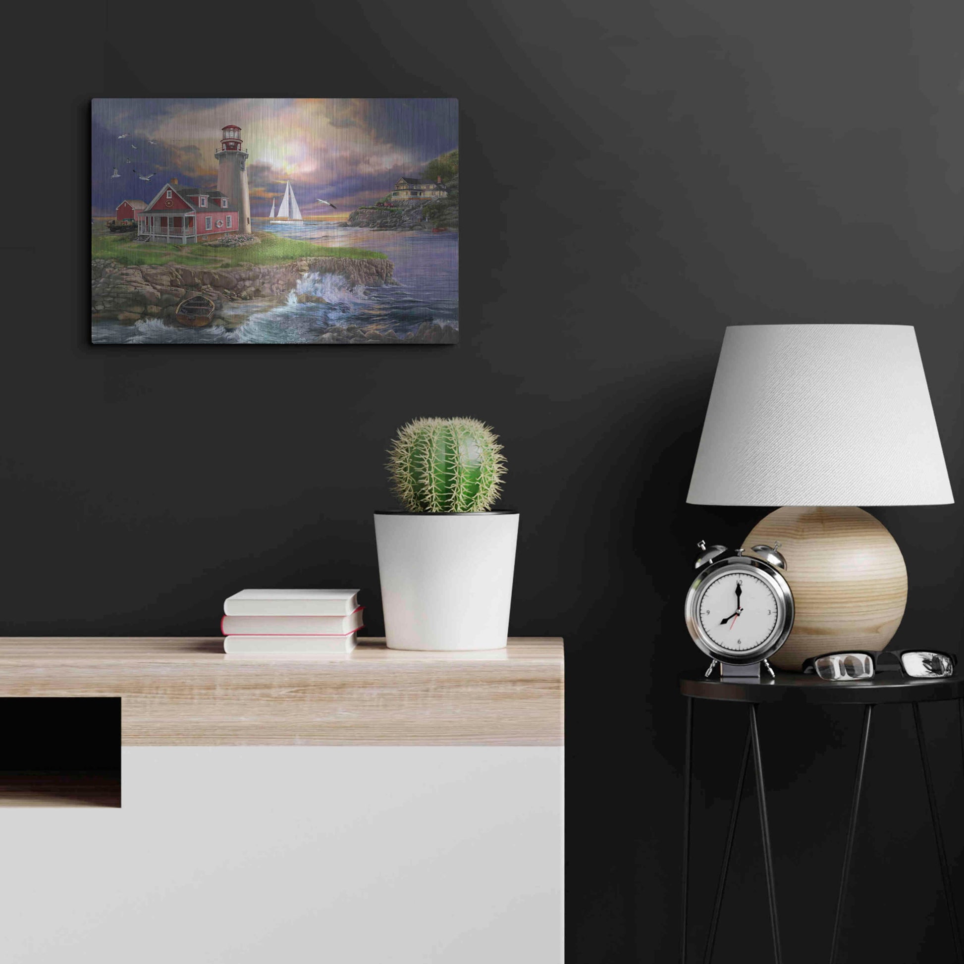 Luxe Metal Art 'Sunset Point Lighthouse' by Bigelow Illustrations, Metal Wall Art,24x16