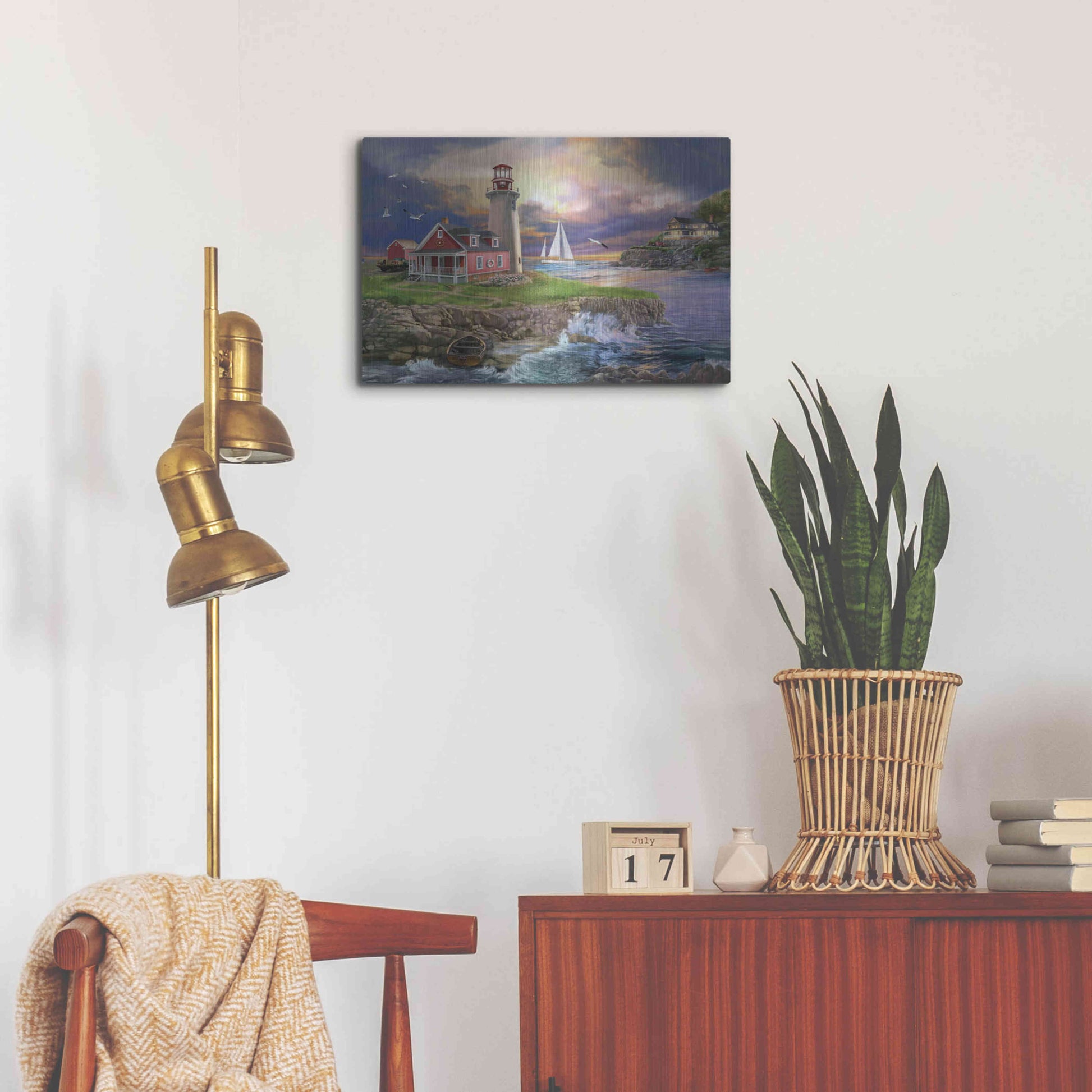 Luxe Metal Art 'Sunset Point Lighthouse' by Bigelow Illustrations, Metal Wall Art,24x16