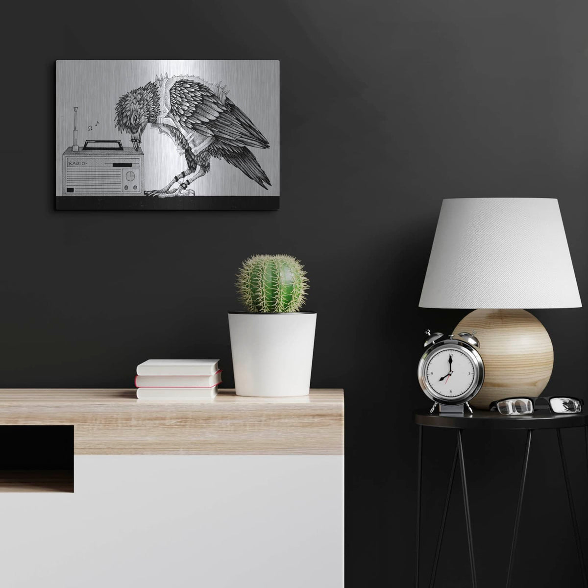 'Heavy Metal Crow' by Avery Multer – Metal Wall Art, 24x16 room view