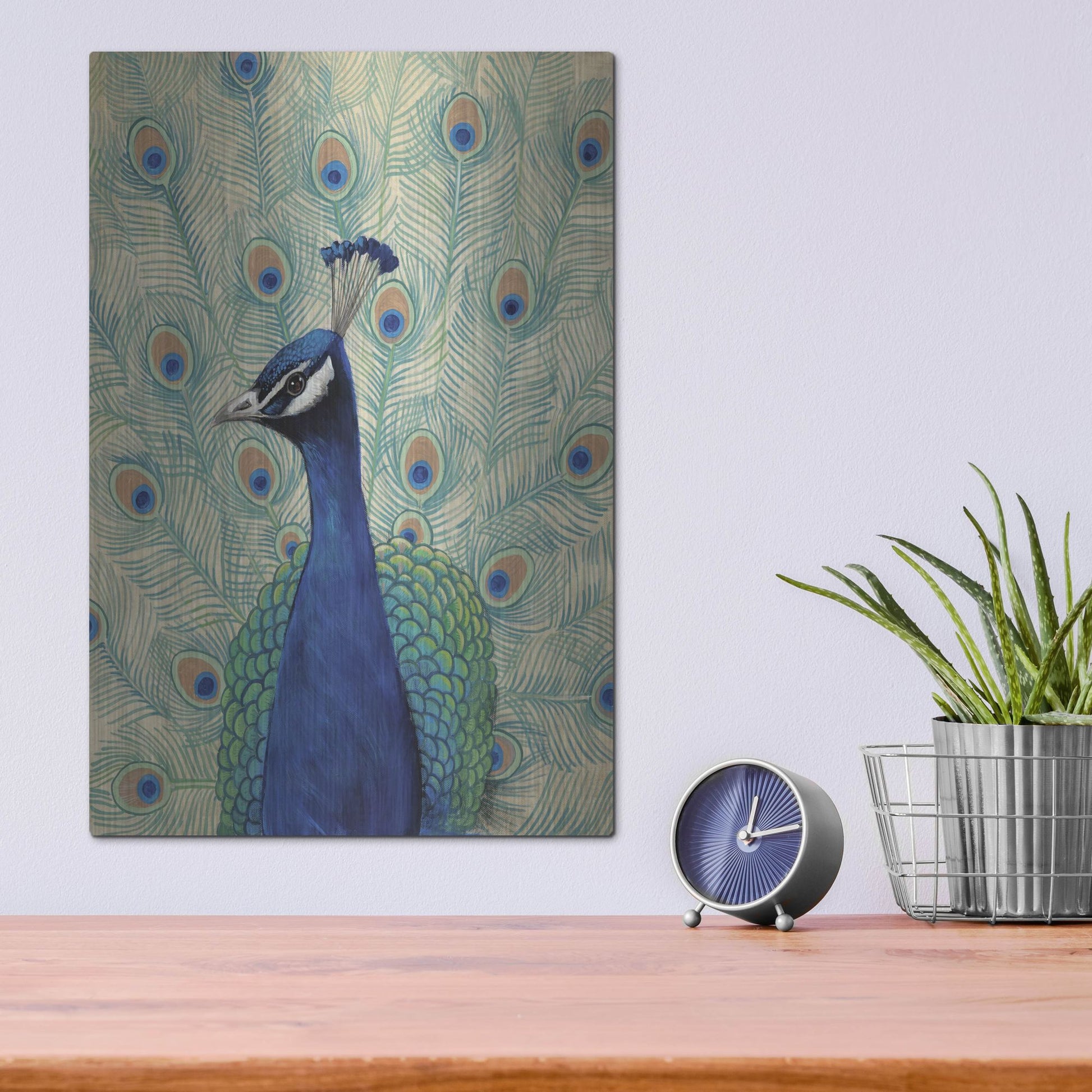 Luxe Metal Art 'Blue Peacock II' by Tim O'Toole, Metal Wall Art,12x16