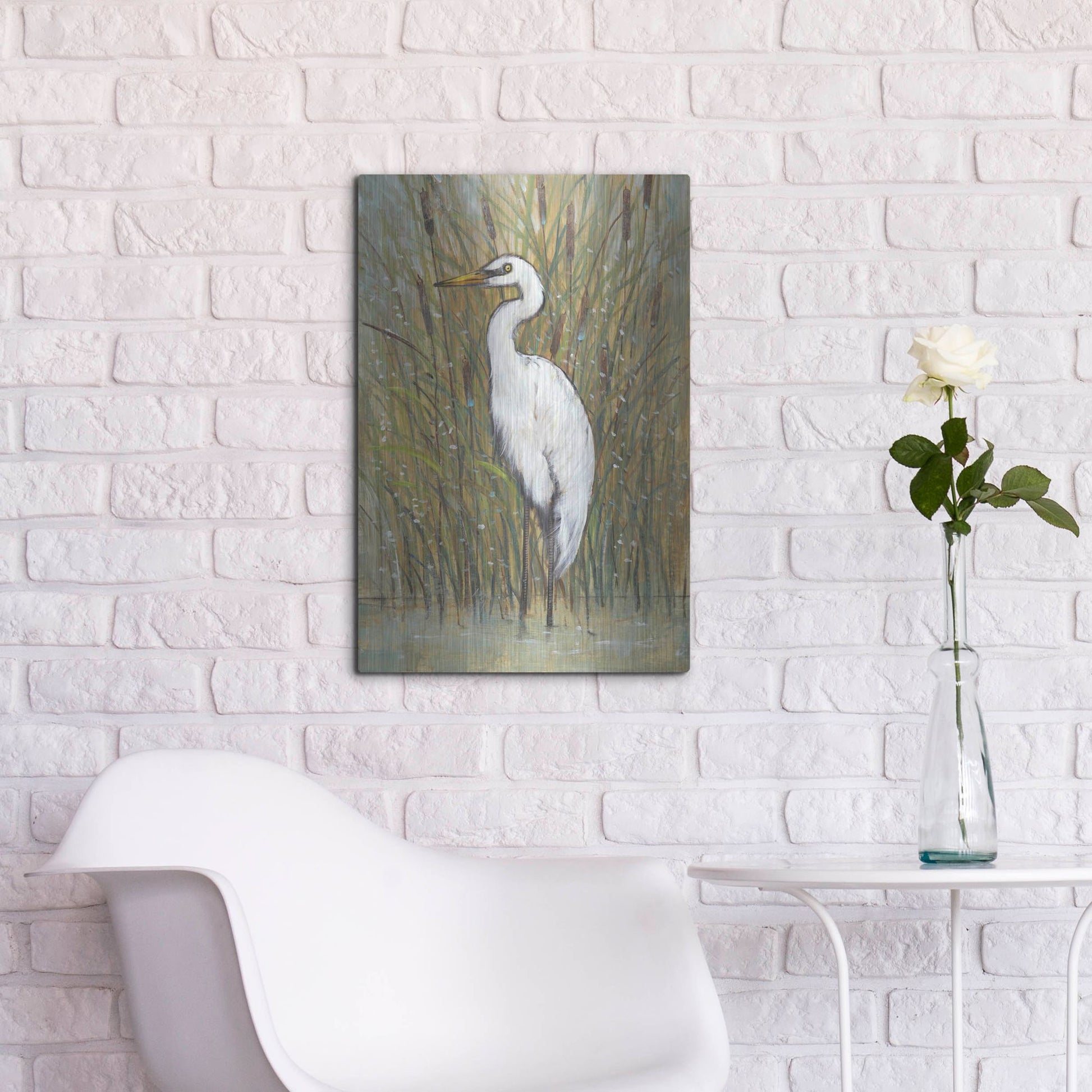 Luxe Metal Art 'White Egret I' by Tim O'Toole, Metal Wall Art,16x24