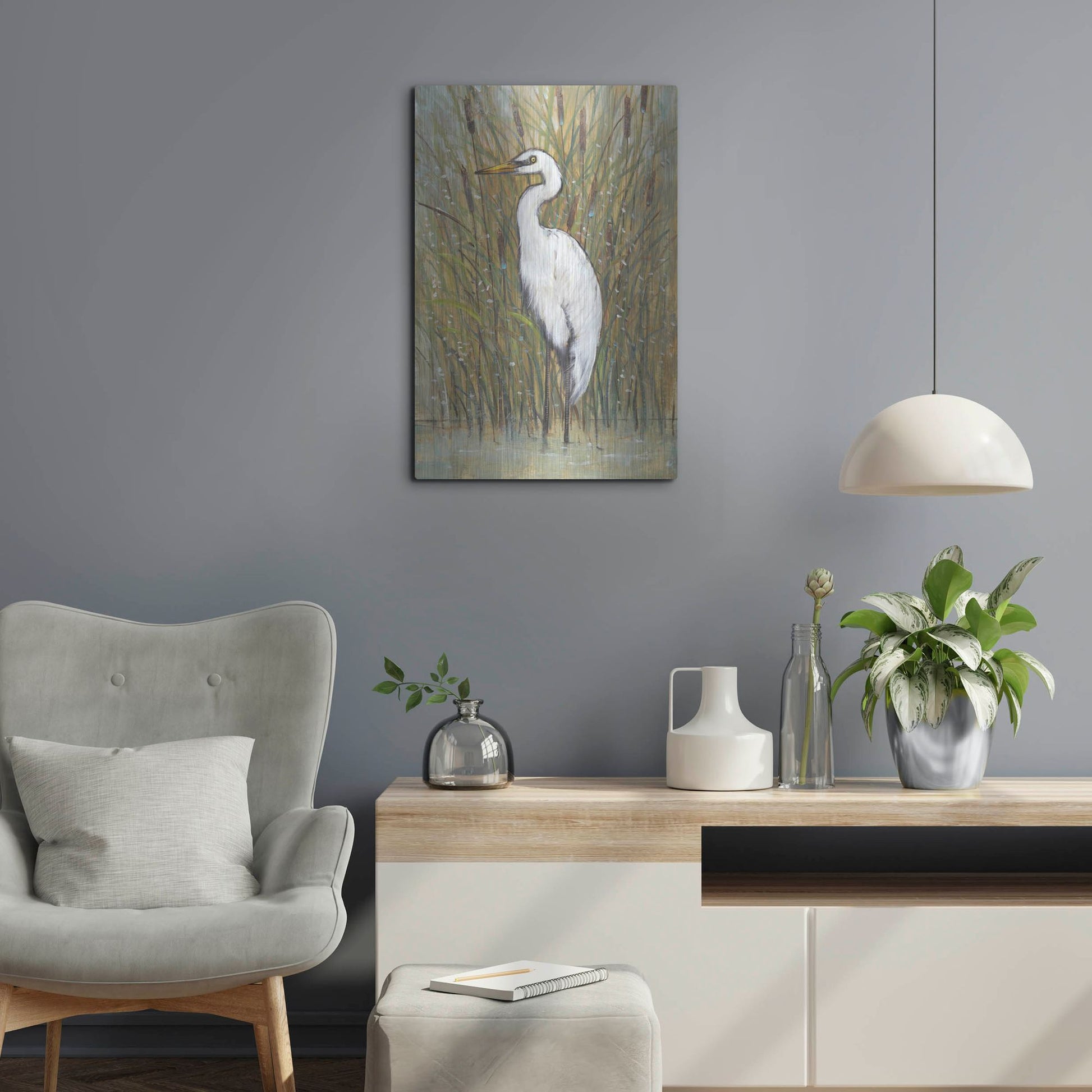 Luxe Metal Art 'White Egret I' by Tim O'Toole, Metal Wall Art,16x24