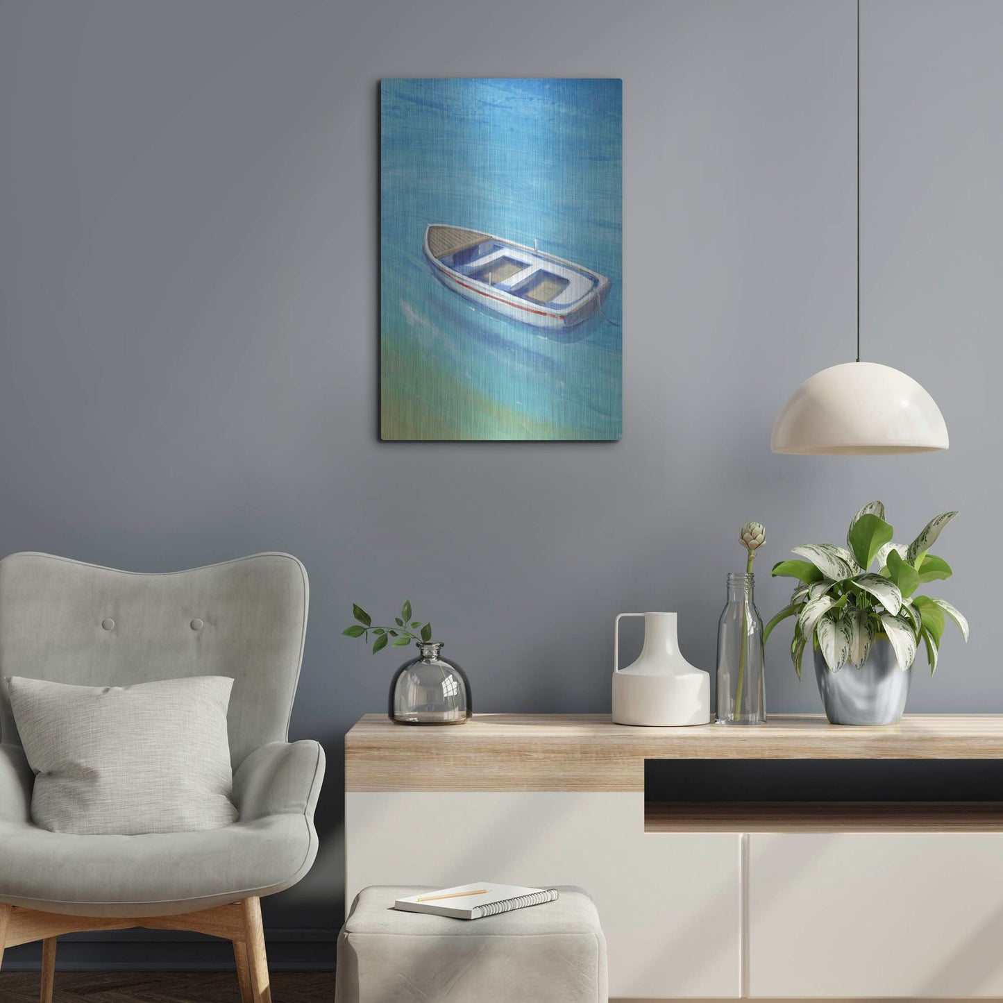 Luxe Metal Art 'Anchored Dingy I' by Tim O'Toole, Metal Wall Art,16x24