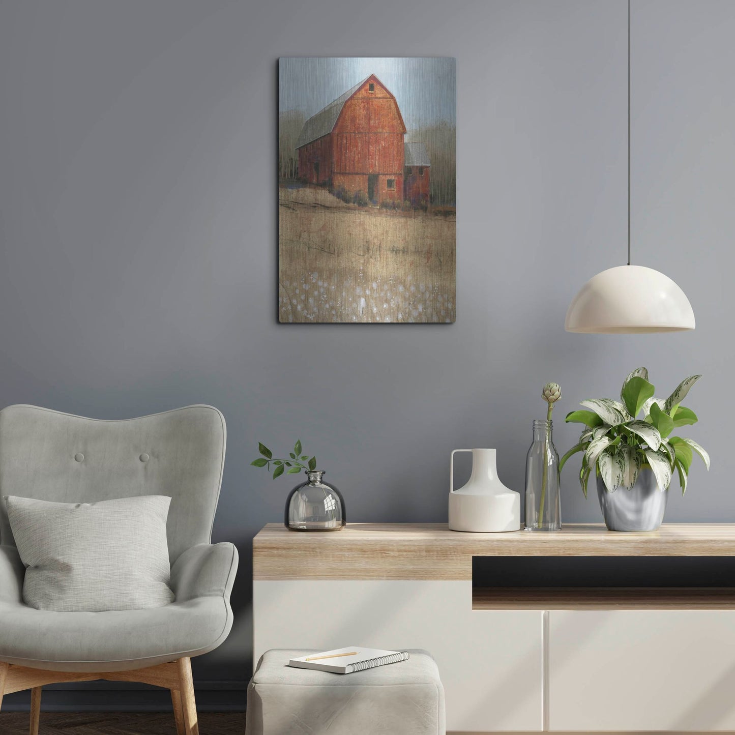 Luxe Metal Art 'Red Barn View I' by Tim O'Toole, Metal Wall Art,16x24
