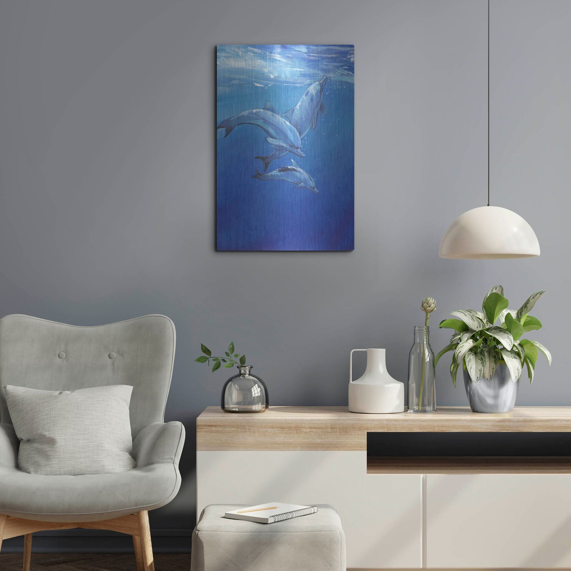 Luxe Metal Art 'Under Sea Dolphins' by Tim O'Toole, Metal Wall Art,16x24
