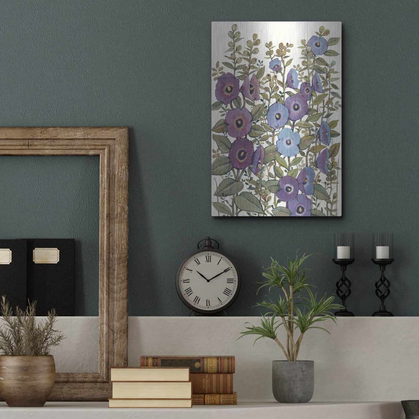 Luxe Metal Art 'Hollyhocks in Bloom I' by Tim O'Toole, Metal Wall Art,12x16