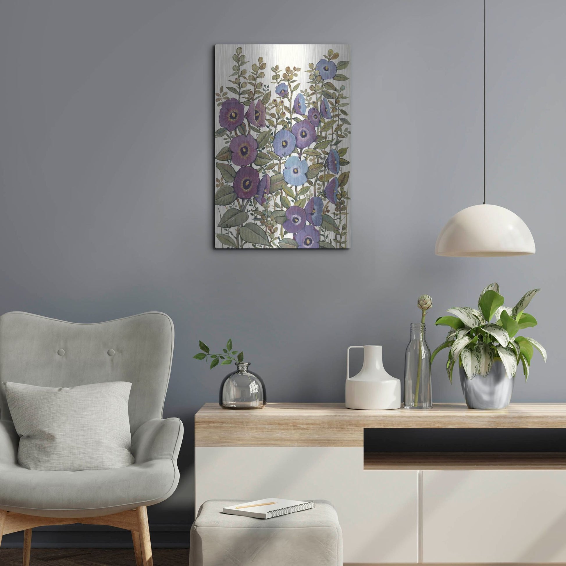 Luxe Metal Art 'Hollyhocks in Bloom I' by Tim O'Toole, Metal Wall Art,16x24