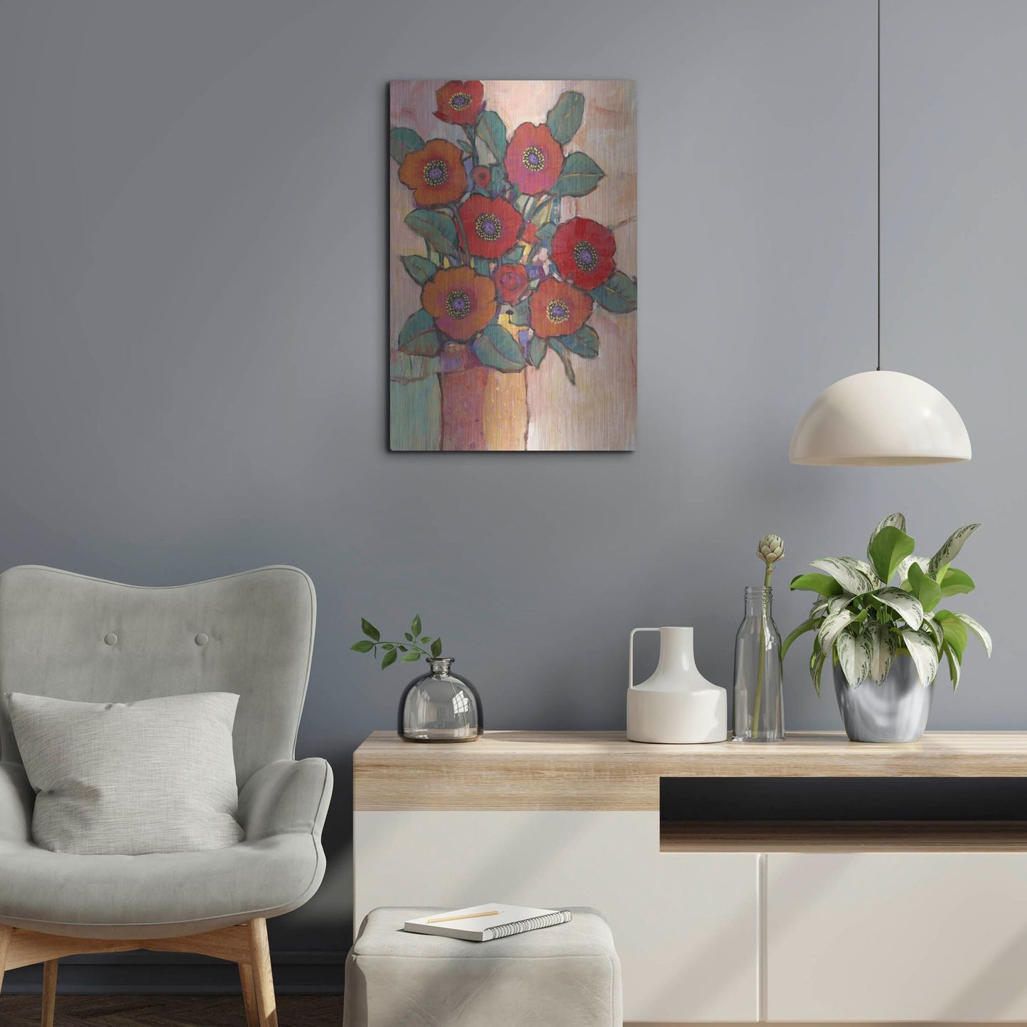 Luxe Metal Art 'Poppies in a Vase I' by Tim O'Toole, Metal Wall Art,16x24