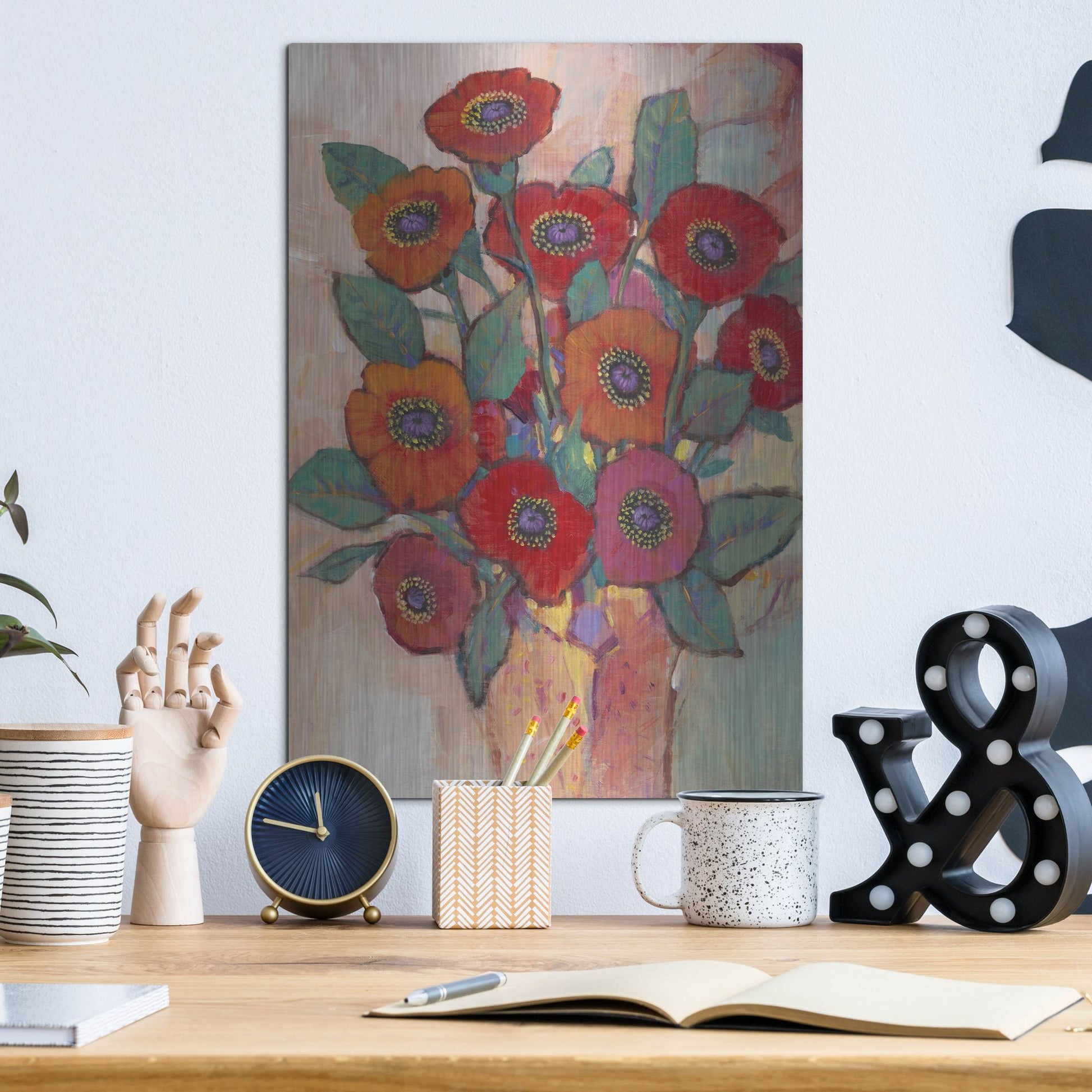 Luxe Metal Art 'Poppies in a Vase II' by Tim O'Toole, Metal Wall Art,12x16