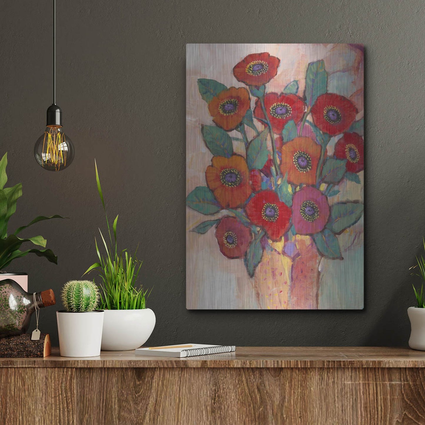 Luxe Metal Art 'Poppies in a Vase II' by Tim O'Toole, Metal Wall Art,12x16