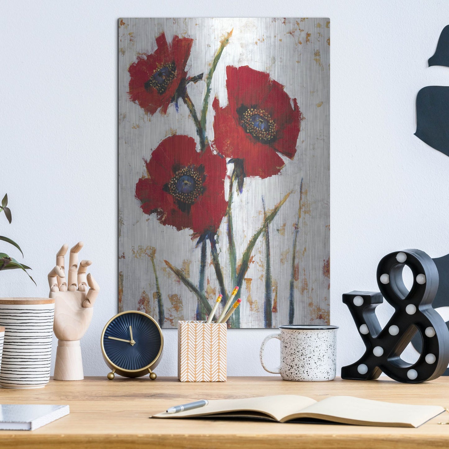 Luxe Metal Art 'Red Poppy Fresco I' by Tim O'Toole, Metal Wall Art,12x16