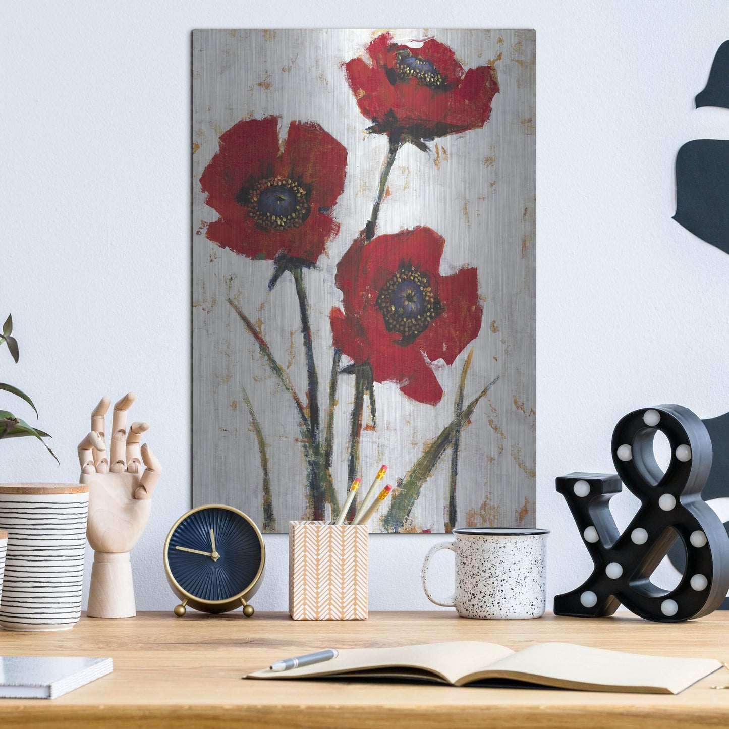 Luxe Metal Art 'Red Poppy Fresco II' by Tim O'Toole, Metal Wall Art,12x16