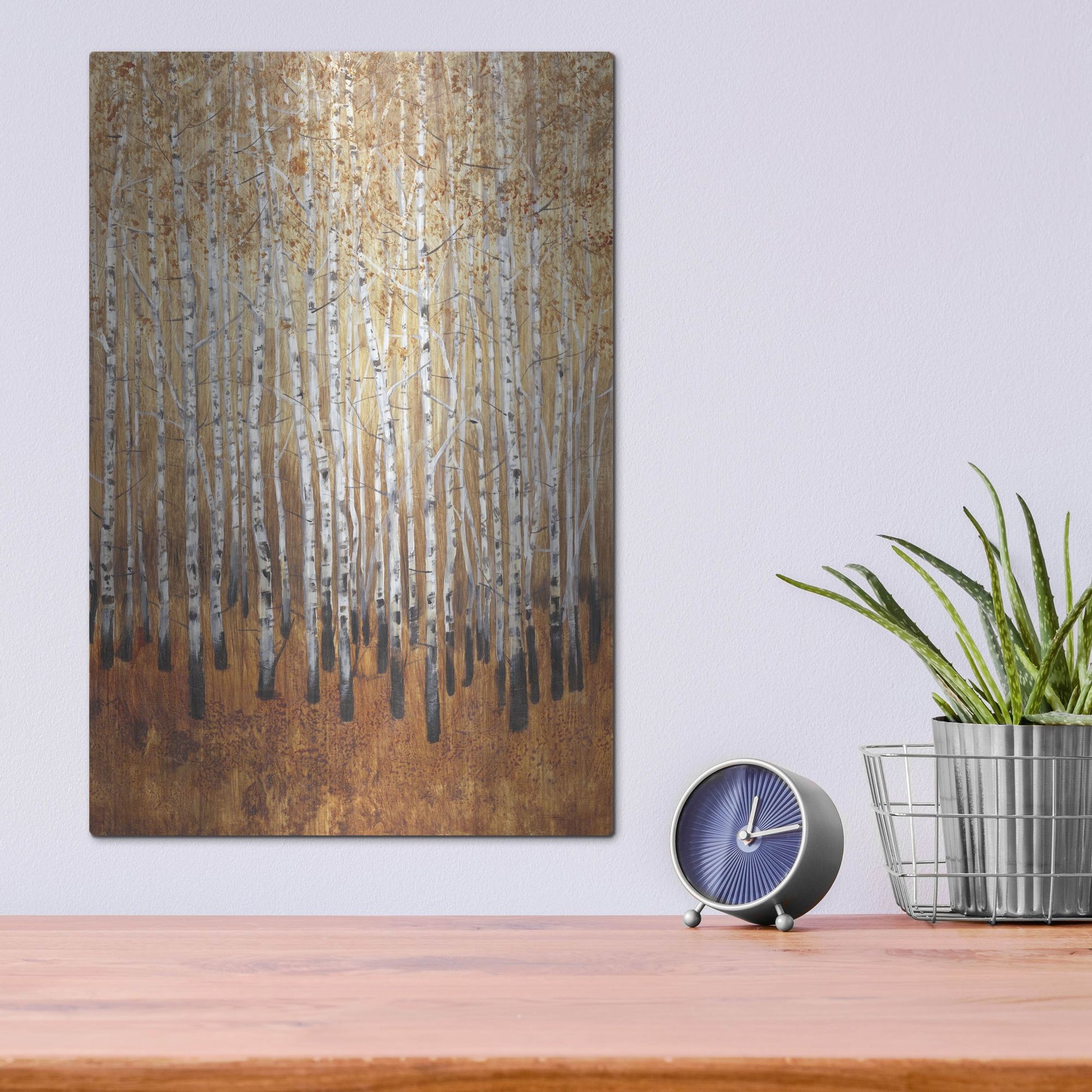Luxe Metal Art 'Sienna Birches I' by Tim O'Toole, Metal Wall Art,12x16