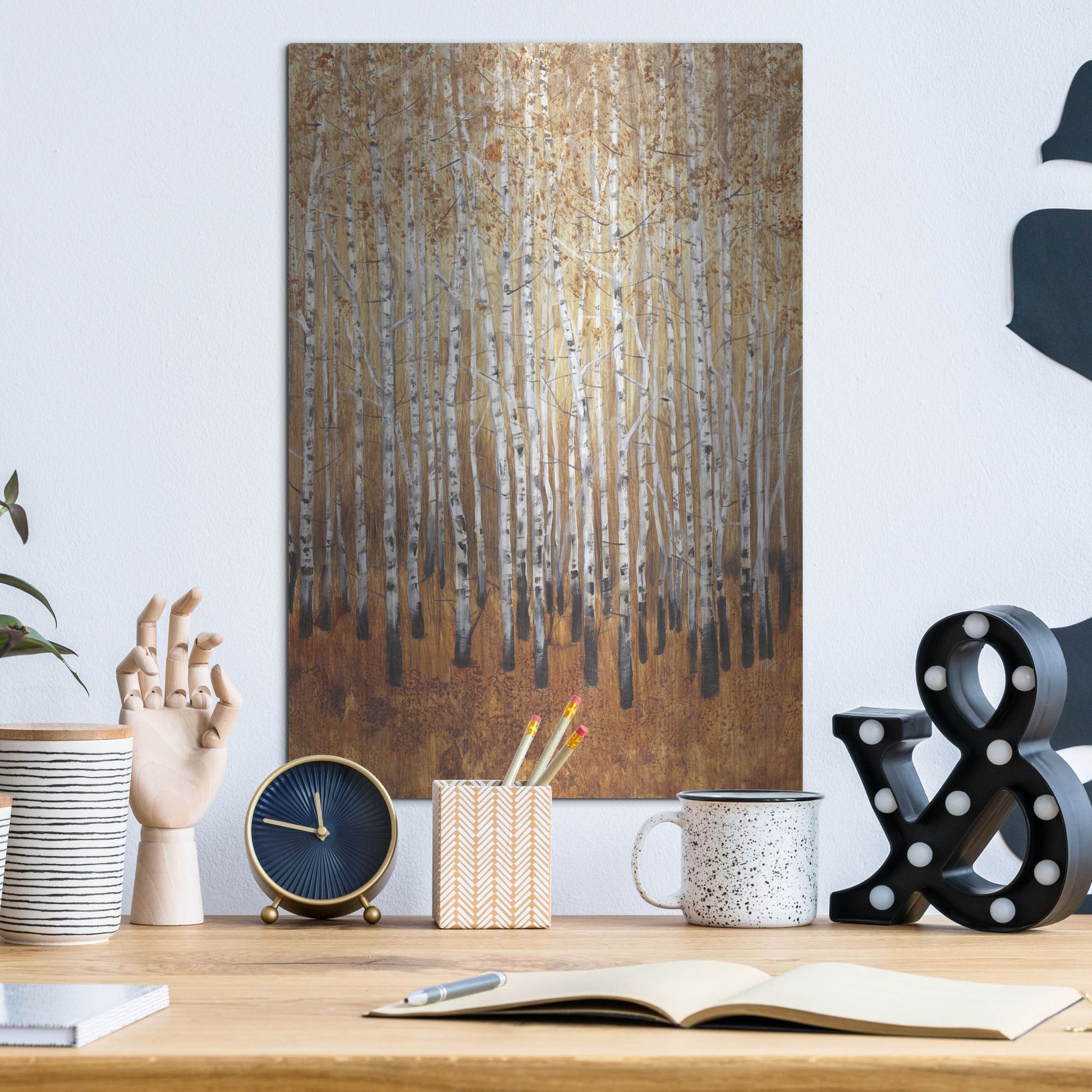 Luxe Metal Art 'Sienna Birches I' by Tim O'Toole, Metal Wall Art,12x16