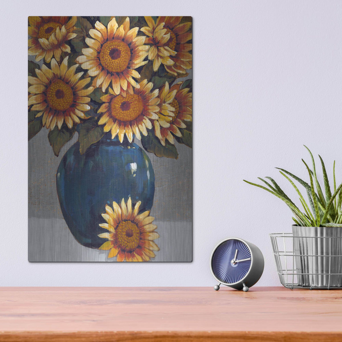 Luxe Metal Art 'Vase of Sunflowers I' by Tim O'Toole, Metal Wall Art,12x16