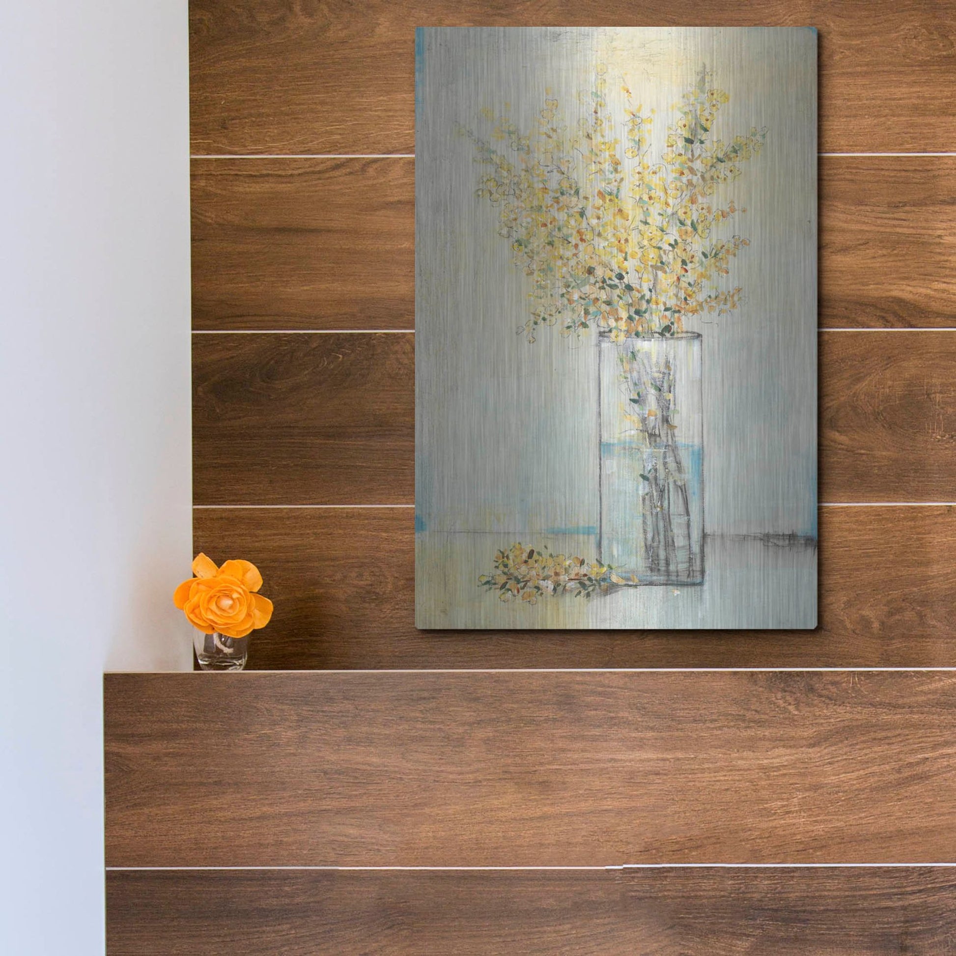 Luxe Metal Art 'Yellow Spray in Vase I' by Tim O'Toole, Metal Wall Art,12x16