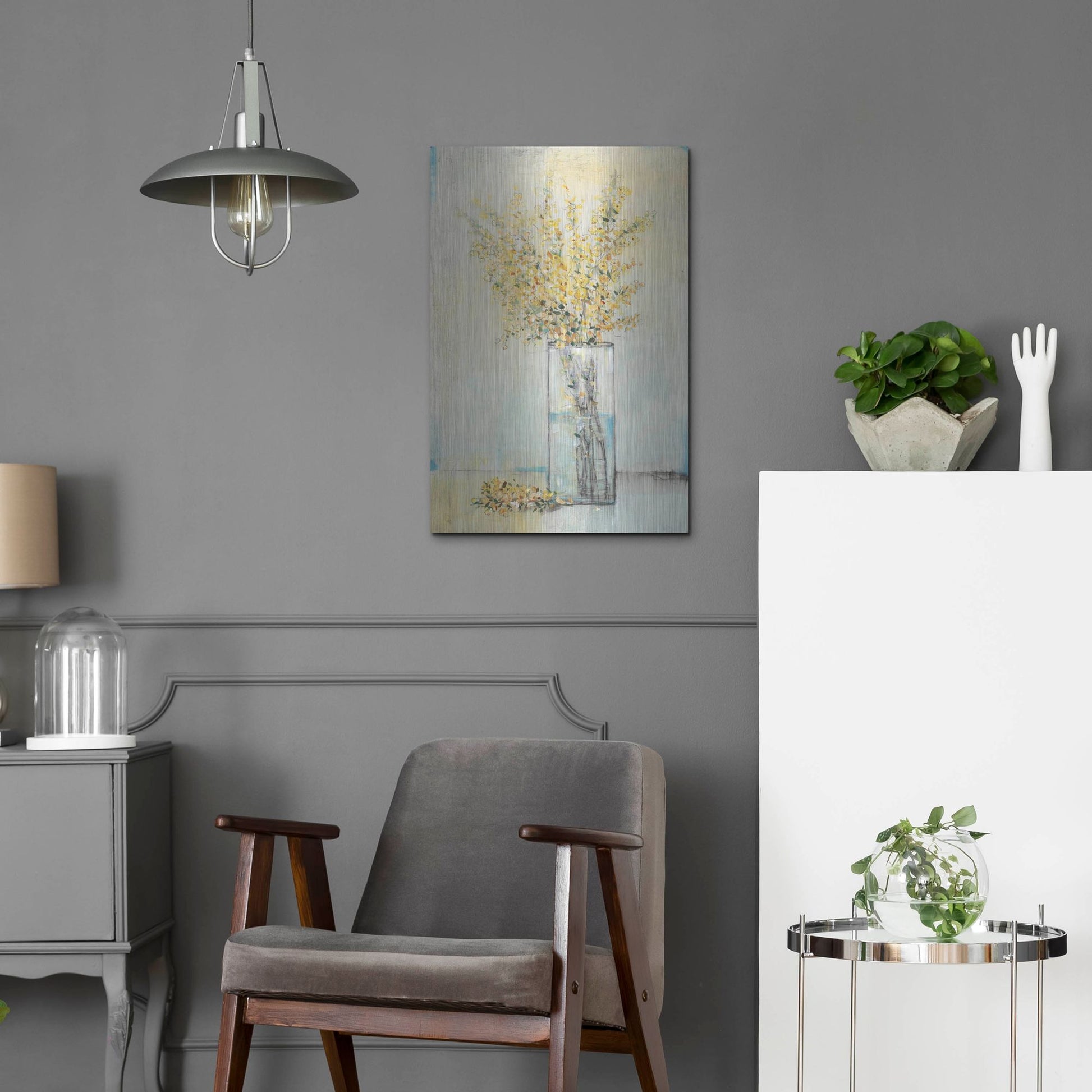 Luxe Metal Art 'Yellow Spray in Vase I' by Tim O'Toole, Metal Wall Art,16x24