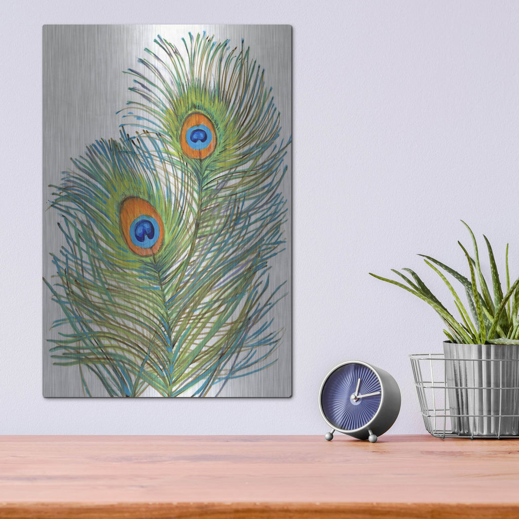 Luxe Metal Art 'Vivid Peacock Feathers I' by Tim O'Toole, Metal Wall Art,12x16