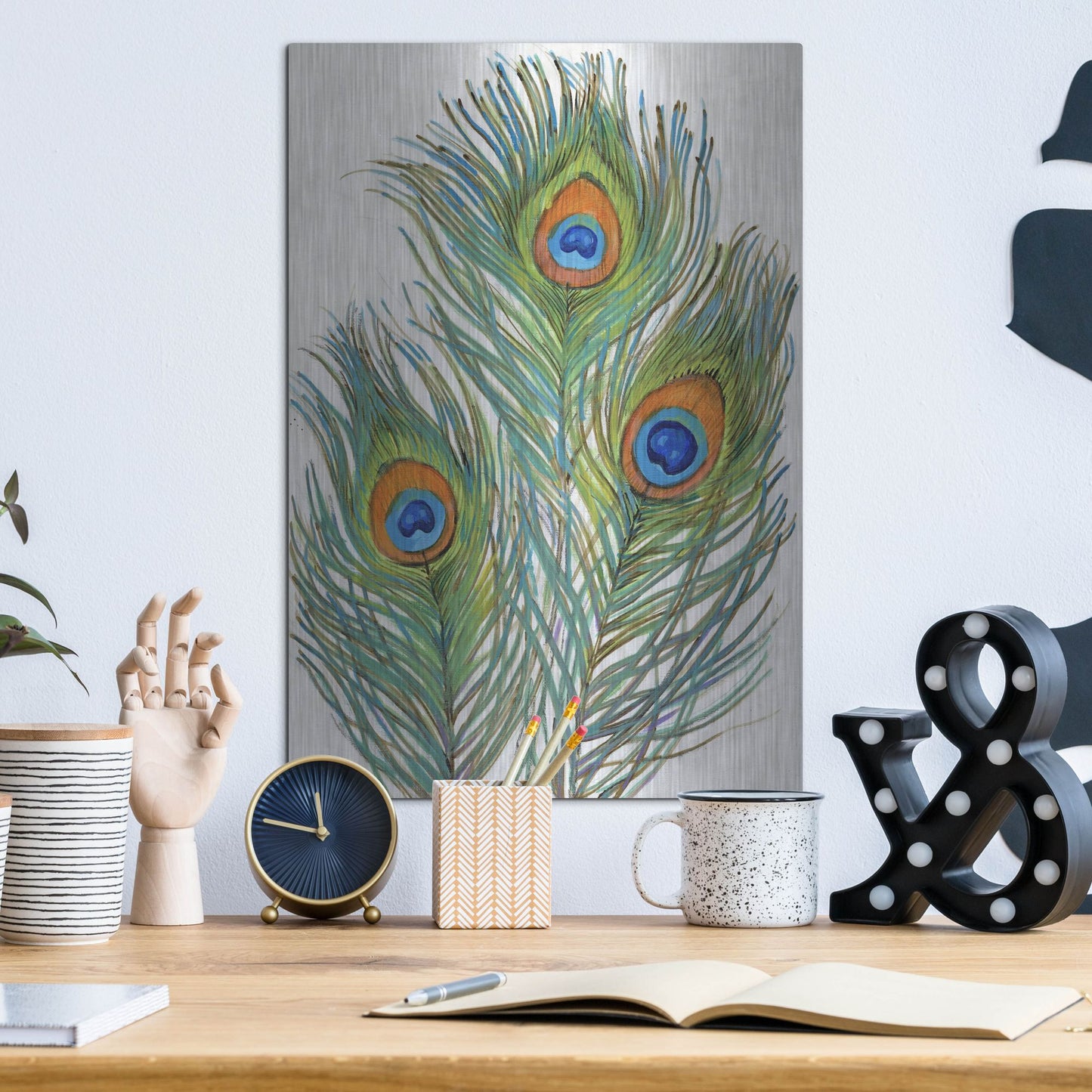 Luxe Metal Art 'Vivid Peacock Feathers II' by Tim O'Toole, Metal Wall Art,12x16