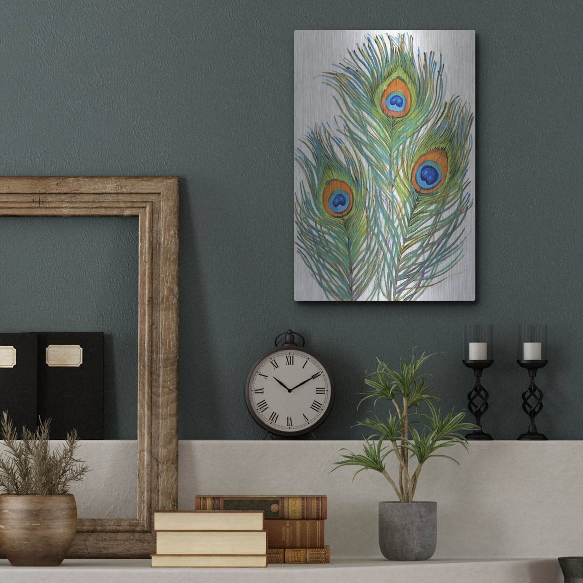 Luxe Metal Art 'Vivid Peacock Feathers II' by Tim O'Toole, Metal Wall Art,12x16