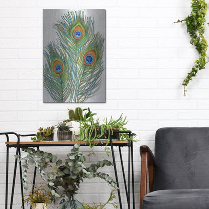 Luxe Metal Art 'Vivid Peacock Feathers II' by Tim O'Toole, Metal Wall Art,12x16