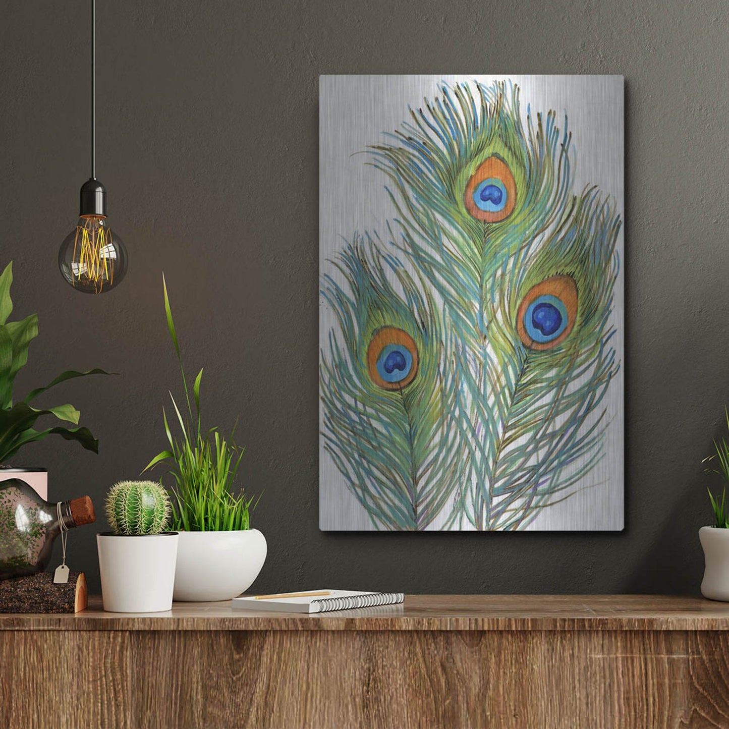 Luxe Metal Art 'Vivid Peacock Feathers II' by Tim O'Toole, Metal Wall Art,12x16
