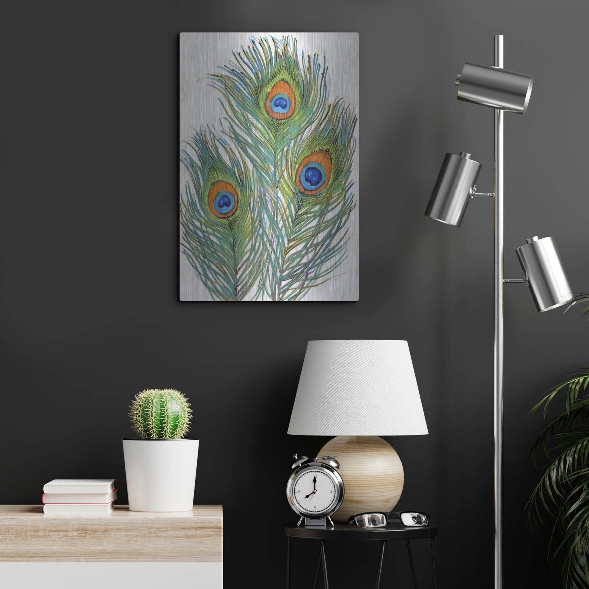 Luxe Metal Art 'Vivid Peacock Feathers II' by Tim O'Toole, Metal Wall Art,16x24