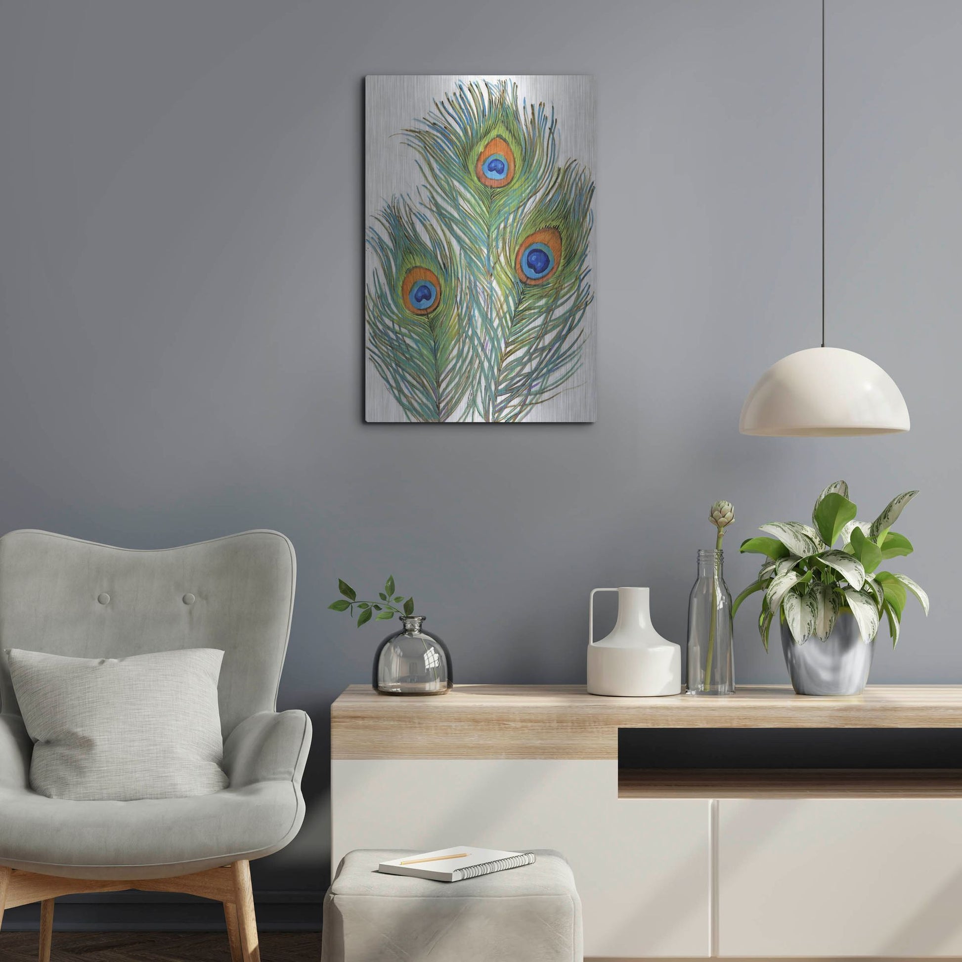 Luxe Metal Art 'Vivid Peacock Feathers II' by Tim O'Toole, Metal Wall Art,16x24