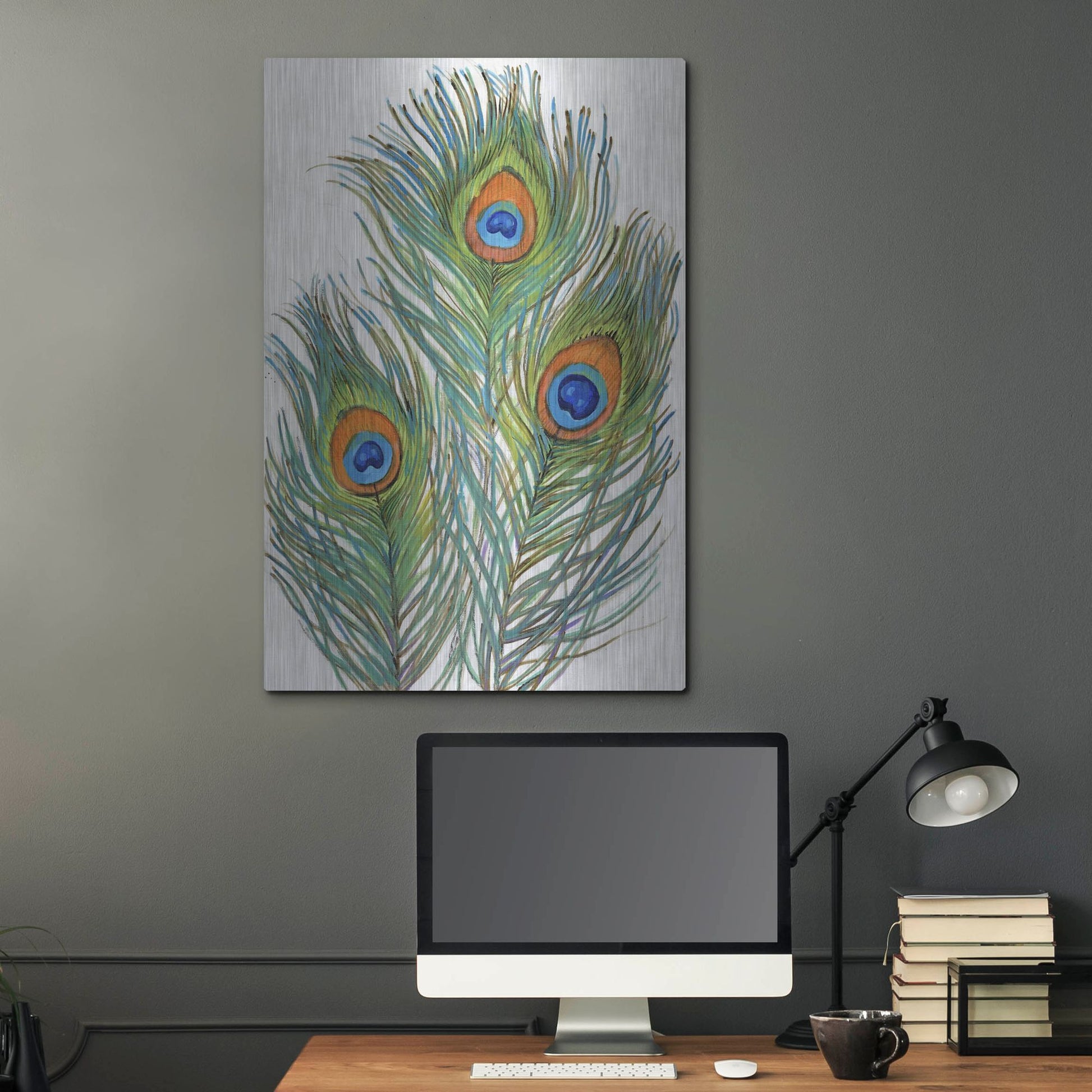 Luxe Metal Art 'Vivid Peacock Feathers II' by Tim O'Toole, Metal Wall Art,24x36