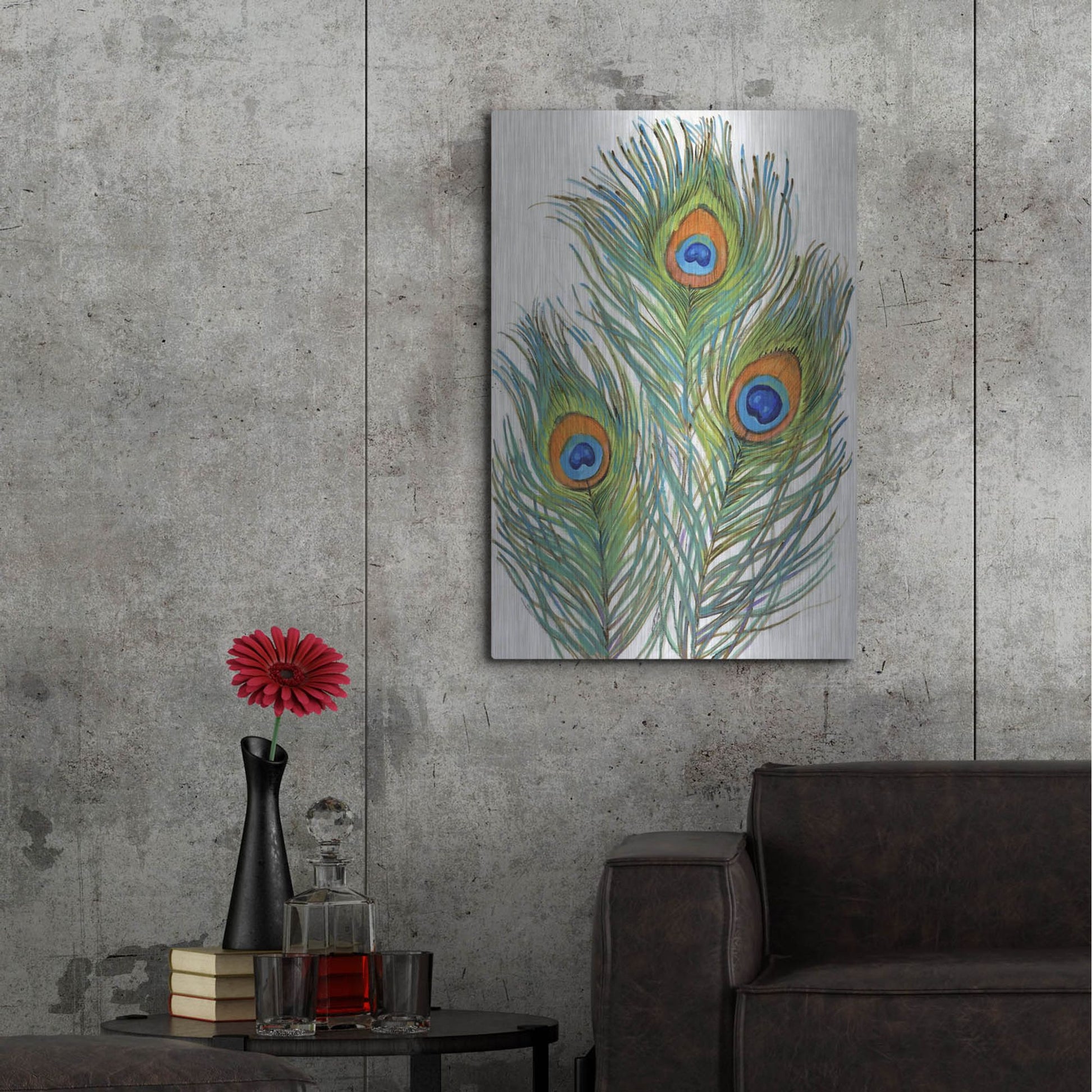 Luxe Metal Art 'Vivid Peacock Feathers II' by Tim O'Toole, Metal Wall Art,24x36