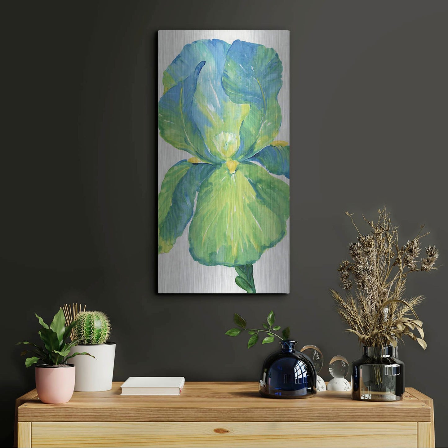 Luxe Metal Art 'Iris Bloom in Green I' by Tim O'Toole, Metal Wall Art,12x24