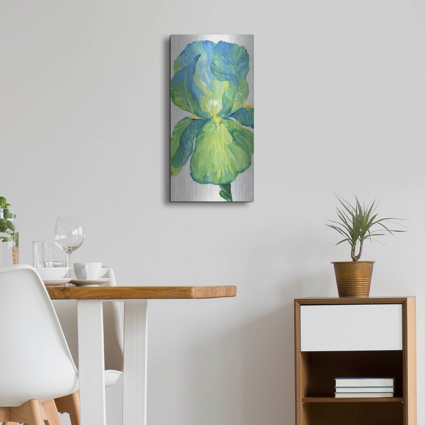 Luxe Metal Art 'Iris Bloom in Green I' by Tim O'Toole, Metal Wall Art,12x24