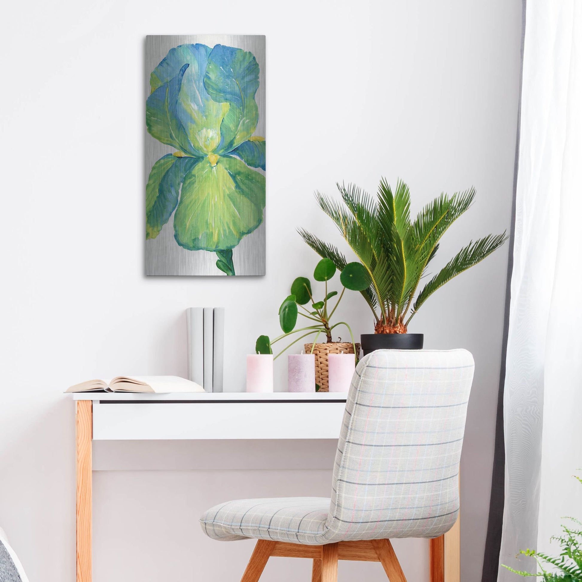 Luxe Metal Art 'Iris Bloom in Green I' by Tim O'Toole, Metal Wall Art,12x24