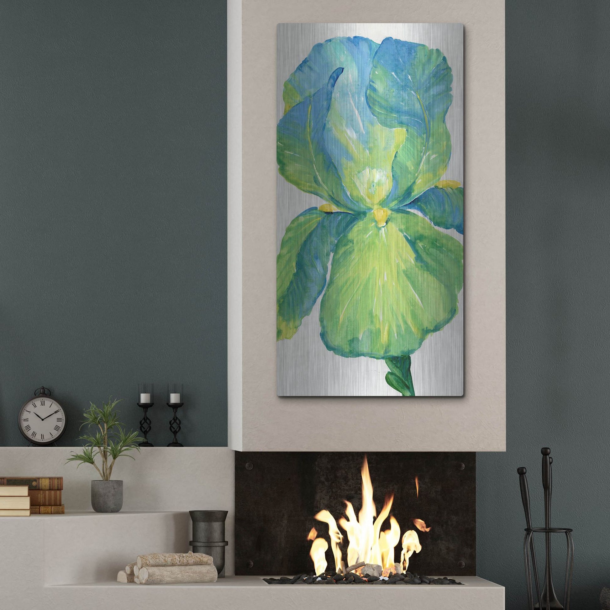 Luxe Metal Art 'Iris Bloom in Green I' by Tim O'Toole, Metal Wall Art,24x48
