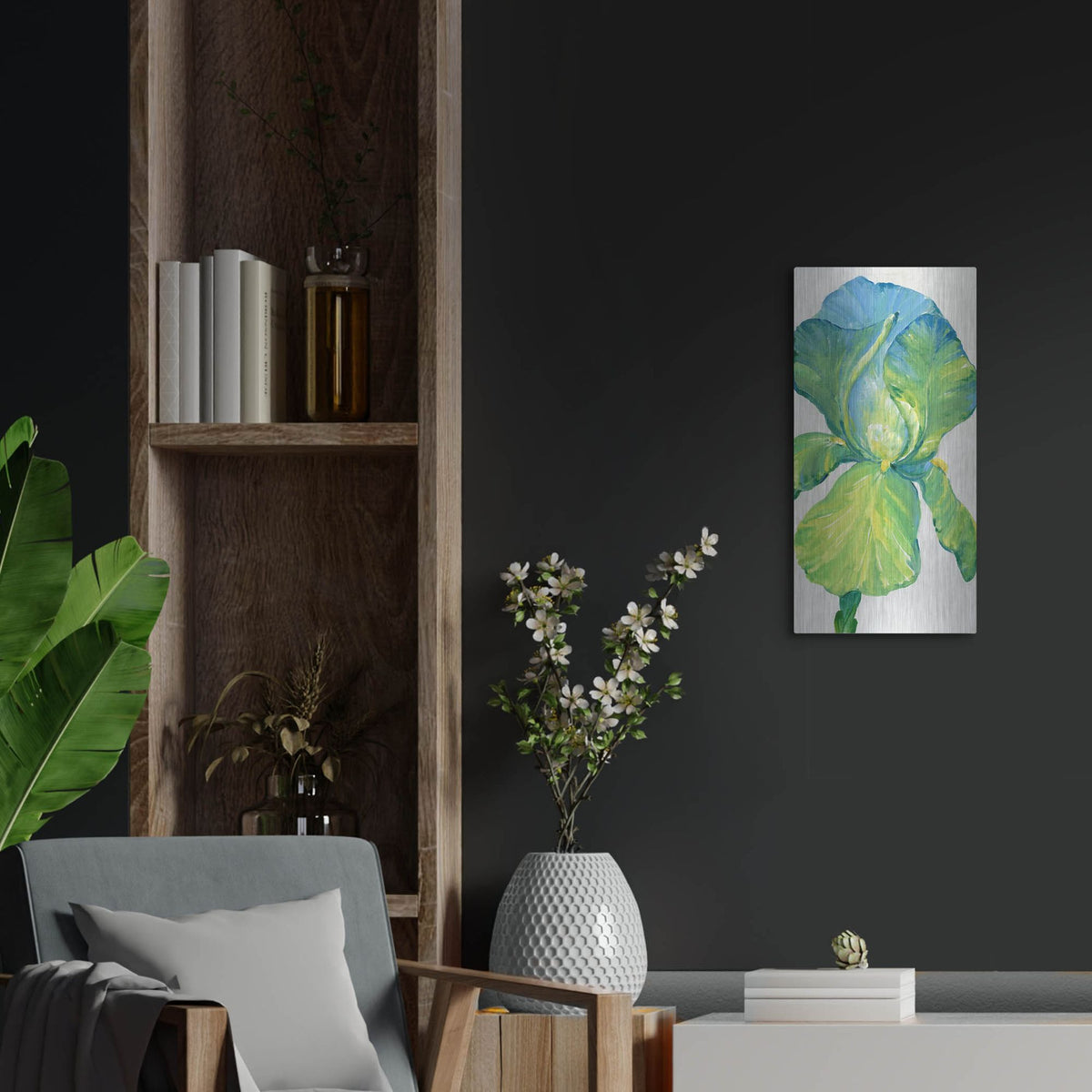 Luxe Metal Art 'Iris Bloom in Green II' by Tim O'Toole, Metal Wall Art,12x24