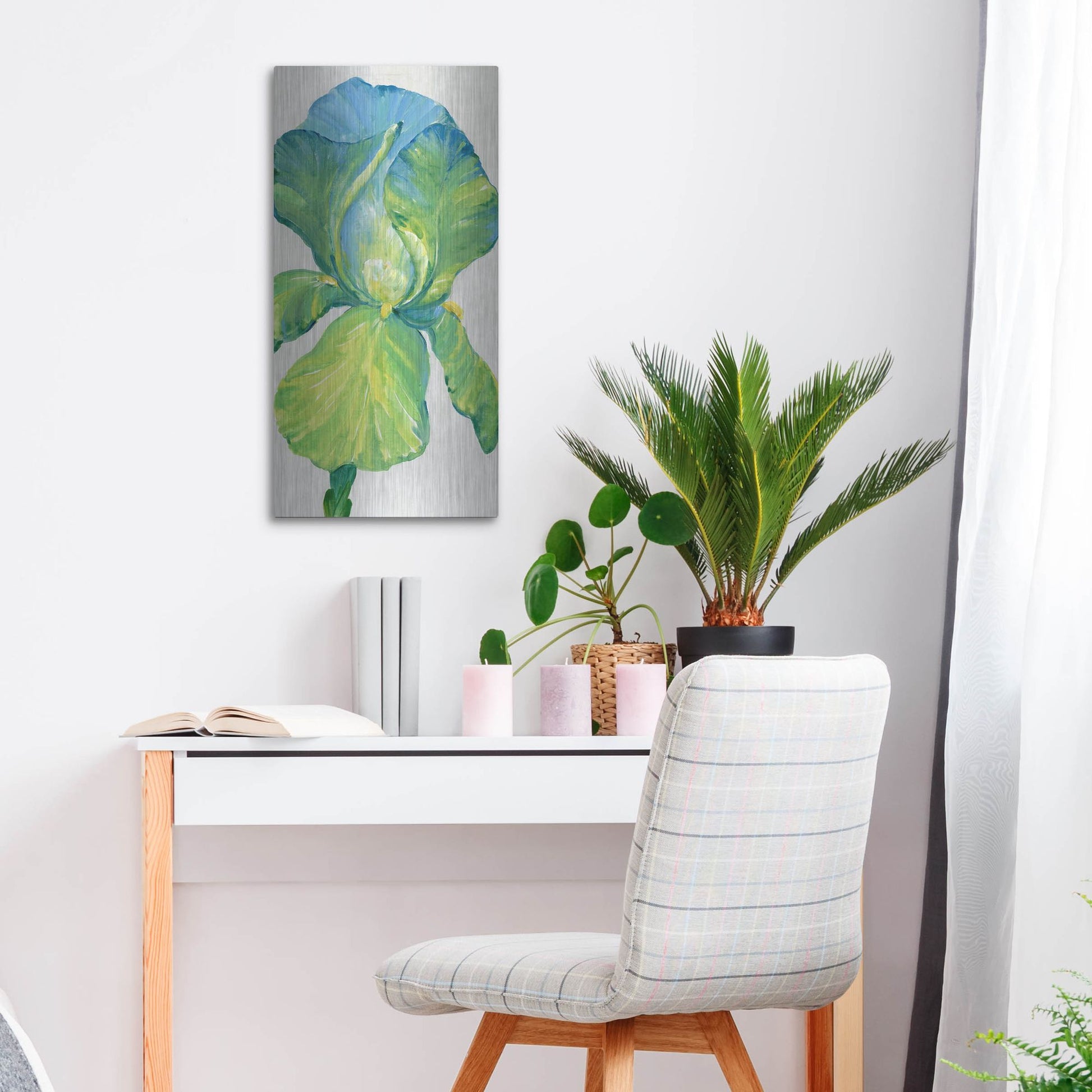 Luxe Metal Art 'Iris Bloom in Green II' by Tim O'Toole, Metal Wall Art,12x24