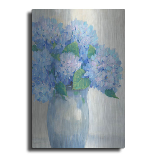 Luxe Metal Art 'Blue Hydrangeas in Vase I' by Tim O'Toole, Metal Wall Art