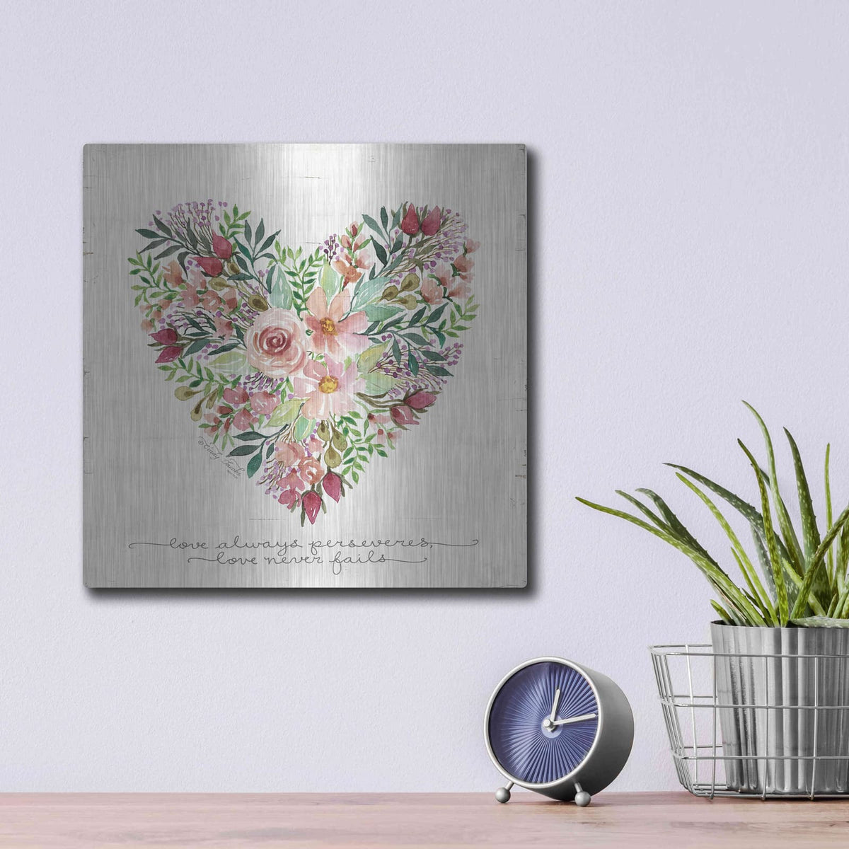 'Love Never Fails Flower Heart' by Cindy Jacobs – Metal Wall Art, 12x12 room view