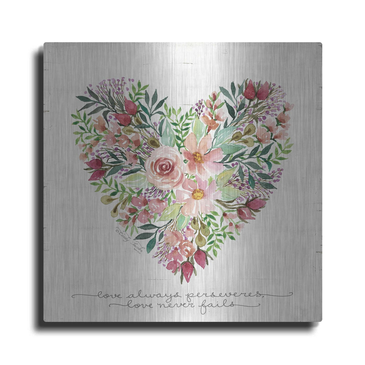 'Love Never Fails Flower Heart' by Cindy Jacobs – Metal Wall Art