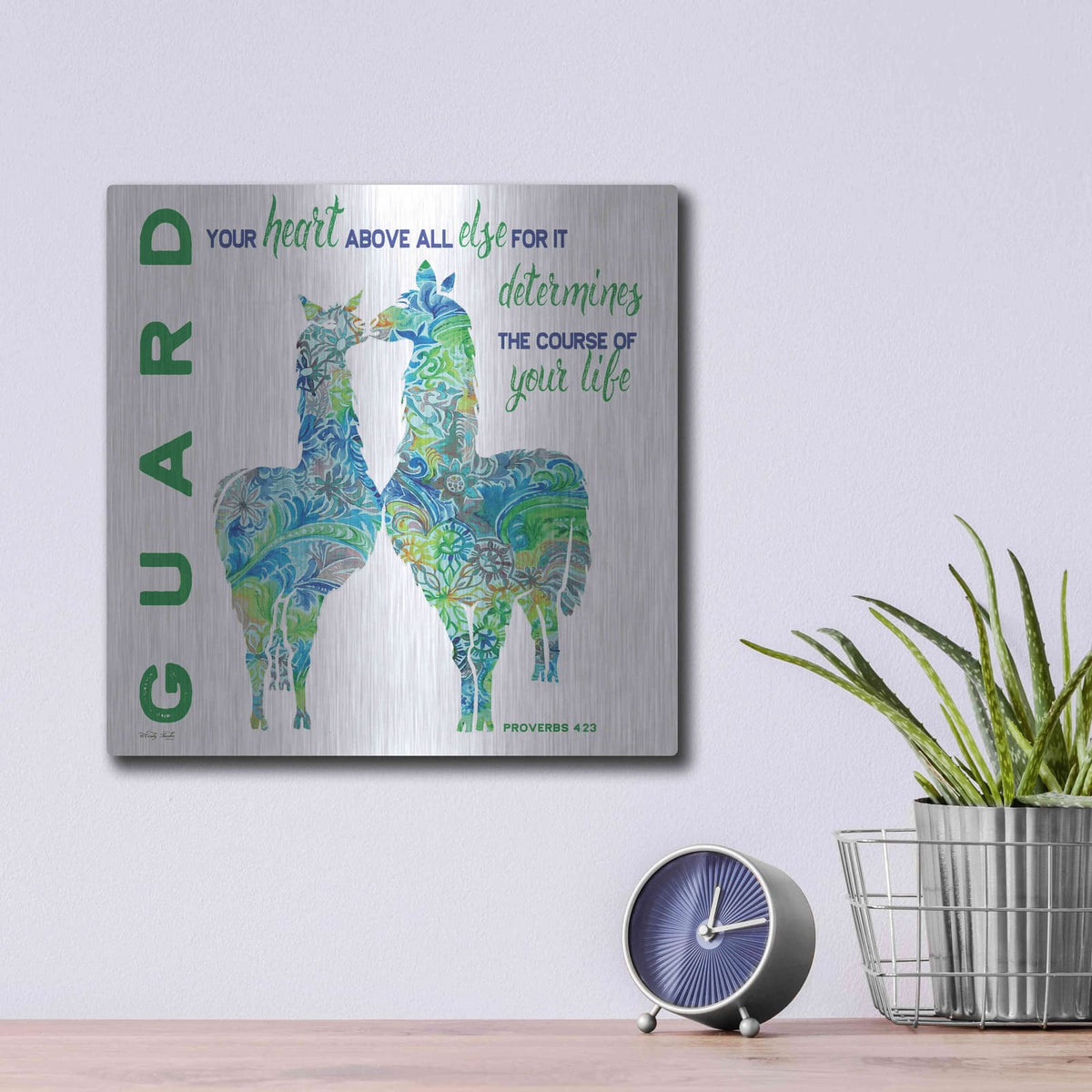 'Guard Your Heart Llamas' by Cindy Jacobs – Metal Wall Art, 12x12 room view