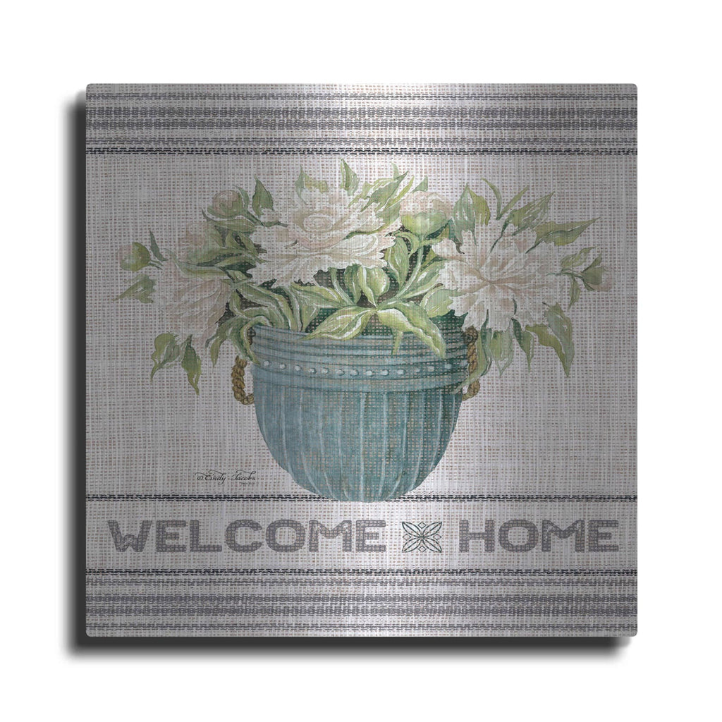 'Galvanized Peonies Welcome Home' by Cindy Jacobs – Metal Wall Art