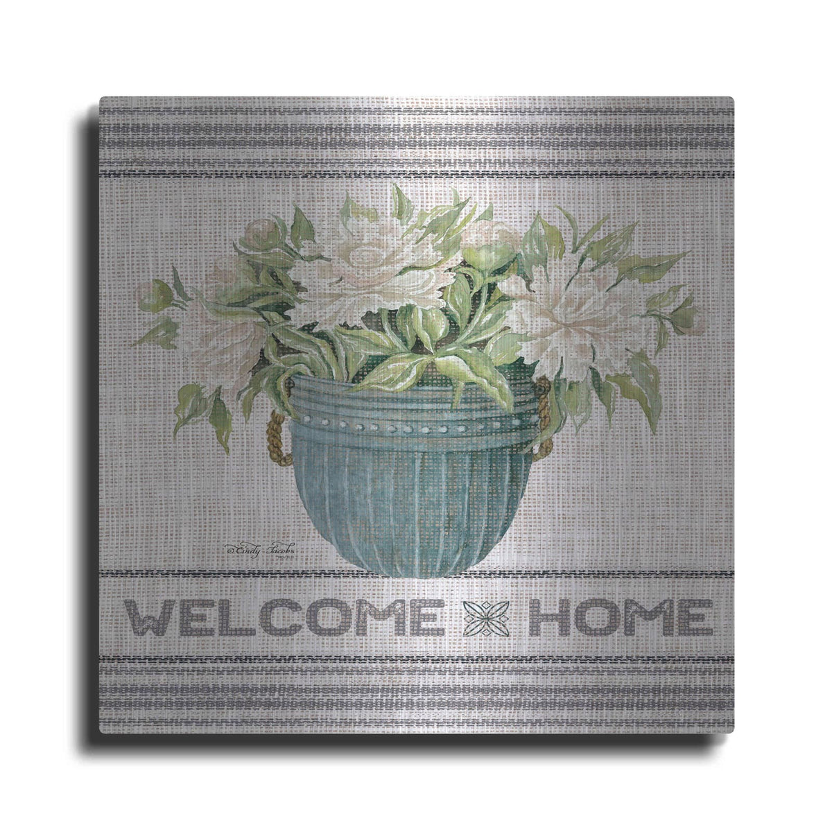 'Galvanized Peonies Welcome Home' by Cindy Jacobs – Metal Wall Art